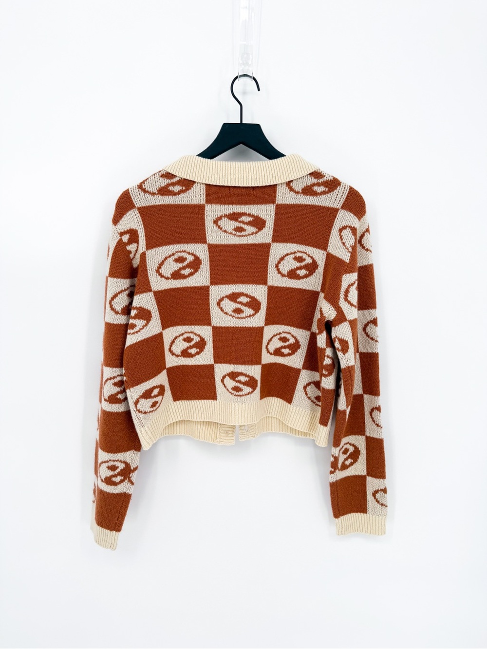 Earthbound Trading Co Yin Yang Checkered Cropped Cardigan Brown Cream Medium - Picture 4 of 7